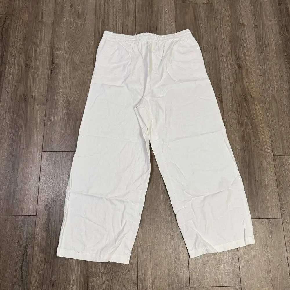 J.Crew Linen Blend Slim Wide Leg Drawstring Pant Sz 14 White Pull On Relaxed Fit